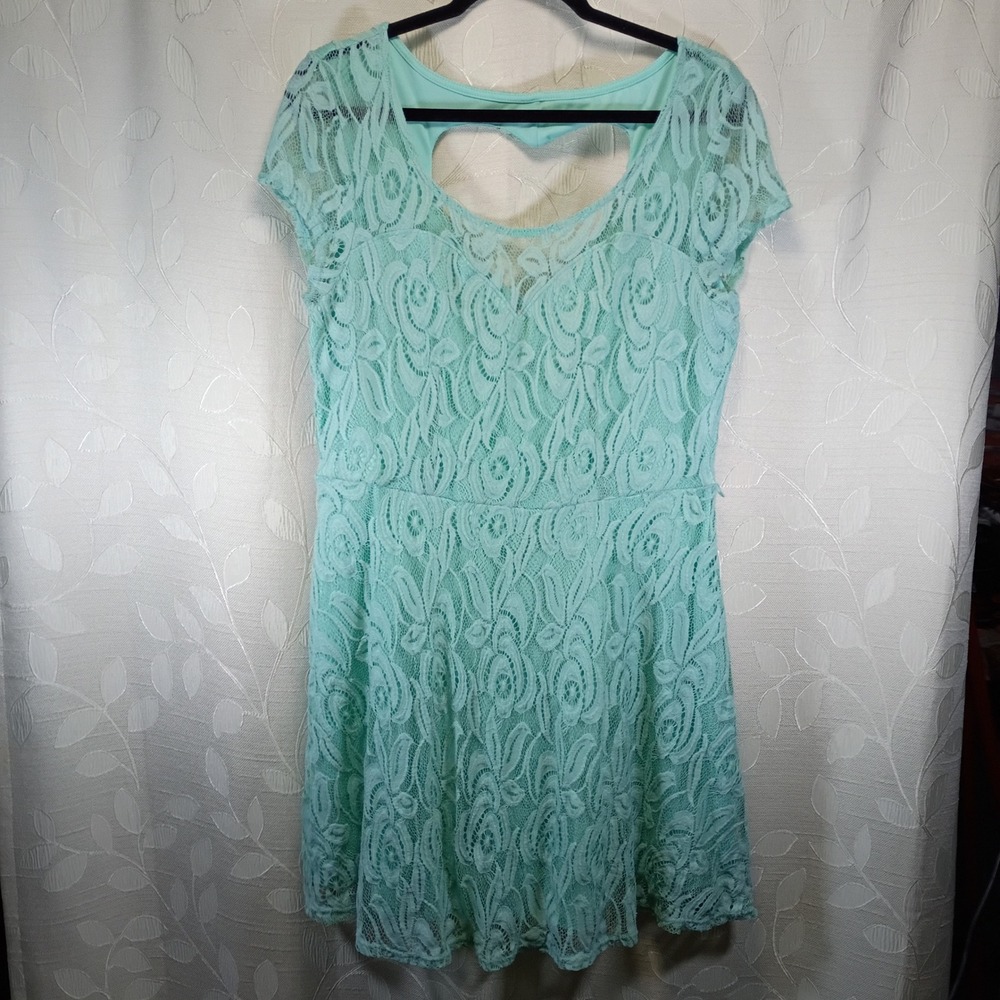 No Boundaries Mint Green Lace Heart Cutout Back Skater Dress XXL 19